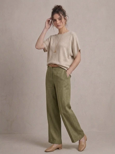 Kadın Basic Relaxed Keten Bluz - Bej - Resim 2