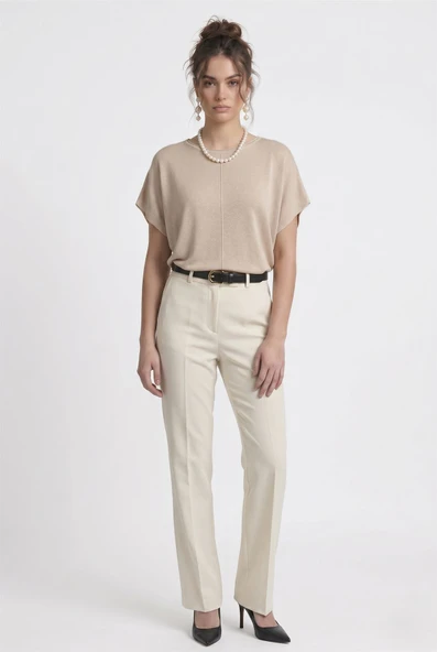 Kadın Basic Relaxed Keten Bluz - Pudra - Resim 2