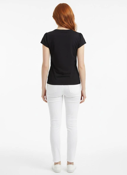 Kadın Basic & Baskılı Yuvarlak Yaka T-Shirt - Siyah - Resim 2