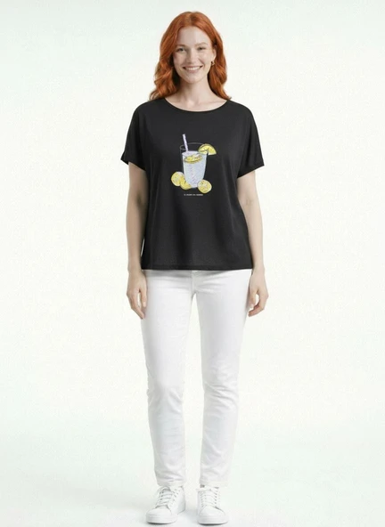 Kadın Siyah Limonata Baskılı Rahat Kesim T-Shirt - Siyah ürün görseli 1