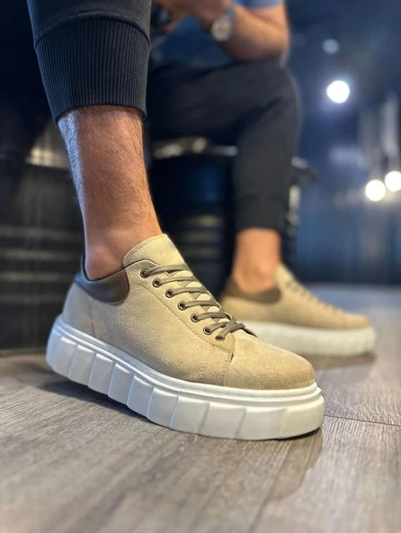 JET-144 Volt Bağcıklı Süet Erkek Günlük Sneaker Yüksek Taban Ayakkabı SBT Krem ürün görseli 1