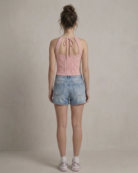 Kadın Triko Örme Halter Yaka Crop Bluz - Pembe - Resim 3