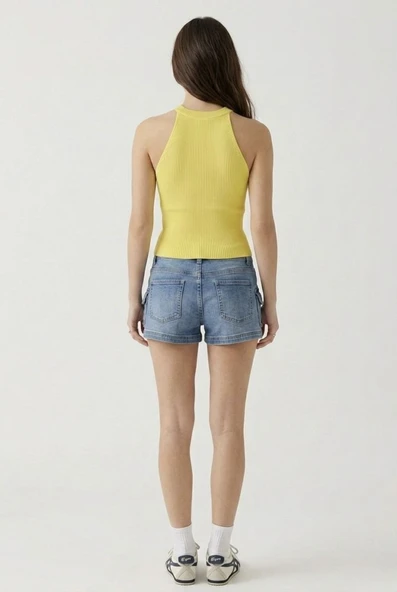 Kadın Fitilli Halter Yaka Crop Bluz - Sarı - Resim 3