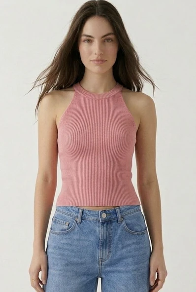 Kadın Fitilli Halter Yaka Crop Bluz - Pembe ürün görseli 1