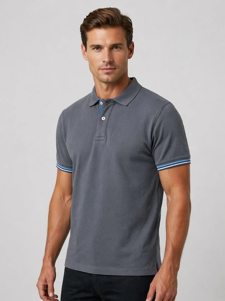 Erkek Polo Yaka Kontrast Şerit Detaylı Slim Fit T-Shirt - Gri ürün görseli 1