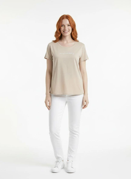 Bej Kadın Basic T-Shirt Yuvarlak Yaka Kısa Kol - Bej ürün görseli 1