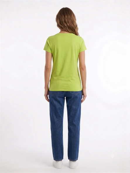 Kadın Basic & Baskılı Yuvarlak Yaka T-Shirt - Yeşil - Resim 2