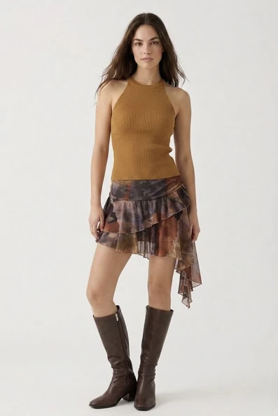 Kadın Fitilli Halter Yaka Crop Bluz - Camel - Resim 2