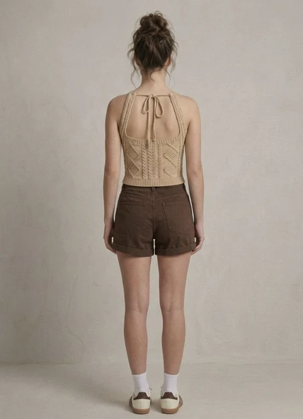 Kadın Triko Örme Halter Yaka Crop Bluz - Bej - Resim 3