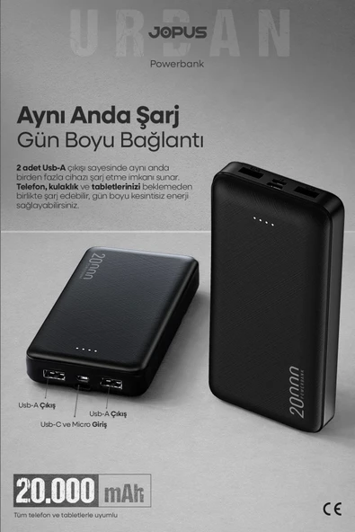 Jopus 20000mAh Powerbank - Led Işık Göstergeli - Taşınabilir Şarj Cihazı - Siyah JP-P10A ürün görseli 1