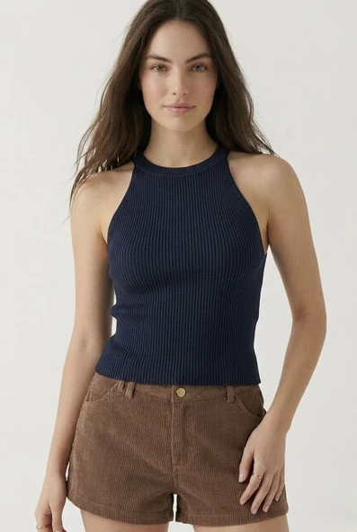 Kadın Fitilli Halter Yaka Crop Bluz - Lacivert ürün görseli 1