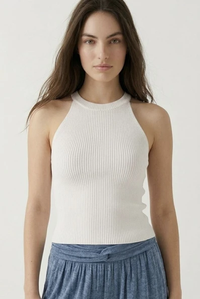 Kadın Fitilli Halter Yaka Crop Bluz - Beyaz ürün görseli 1