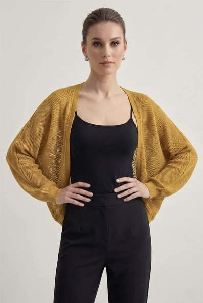 Premium Ajurlu İnce Triko Bolero Hırka - Hardal ürün görseli 1