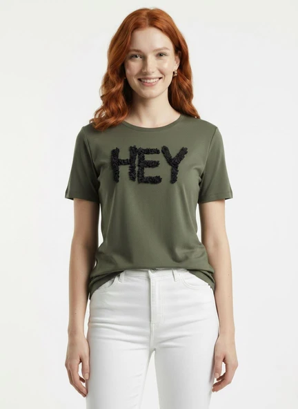 Kadın Pamuk Hey Yazılı Yuvarlak Yaka T-Shirt - Yeşil ürün görseli 1