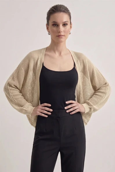 Premium Ajurlu İnce Triko Bolero Hırka - Koyu Bej ürün görseli 1
