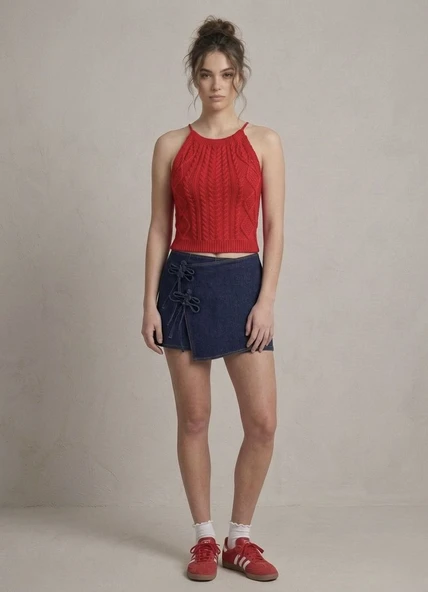 Kadın Triko Örme Halter Yaka Crop Bluz - Kırmızı - Resim 2