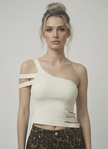 Asimetrik Tek Omuz Triko Crop Bluz - Ekru ürün görseli 1