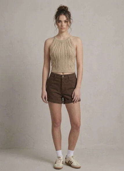 Kadın Triko Örme Halter Yaka Crop Bluz - Bej - Resim 2