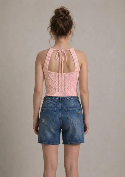 Kadın Triko Örme Halter Yaka Crop Bluz - Somon - Resim 2