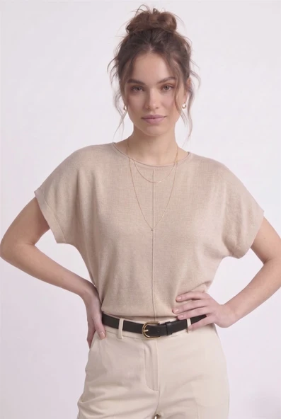 Kadın Basic Relaxed Keten Bluz - Pudra ürün görseli 1
