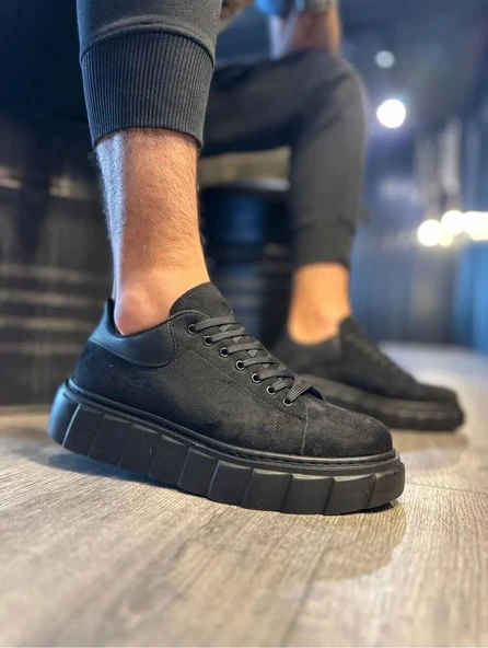 JET-144 Volt Bağcıklı Süet Erkek Günlük Sneaker Yüksek Taban Ayakkabı SST Siyah ürün görseli 1