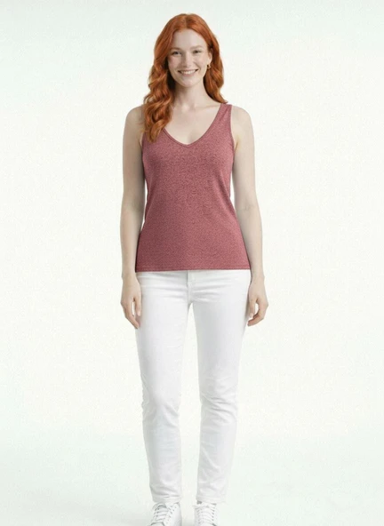 Kadın V Yaka İnce Askılı Basic T-Shirt - Pembe ürün görseli 1