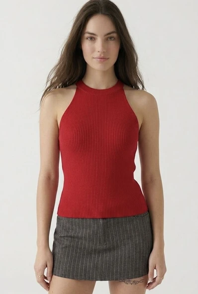 Kadın Fitilli Halter Yaka Crop Bluz - Kırmızı ürün görseli 1