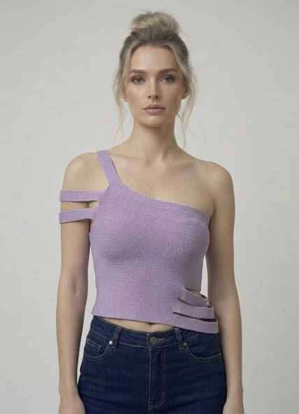 Asimetrik Tek Omuz Triko Crop Bluz - Lila ürün görseli 1