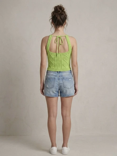 Kadın Triko Örme Halter Yaka Crop Bluz - Yeşil - Resim 3