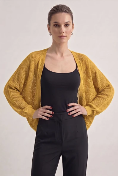 Premium Ajurlu İnce Triko Bolero Hırka - Sarı ürün görseli 1
