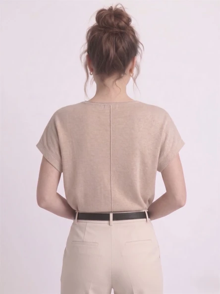 Kadın Basic Relaxed Keten Bluz - Pudra - Resim 3