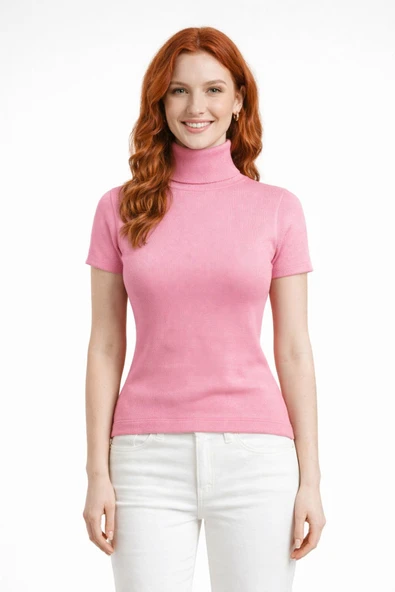 Boğazlı Yarasa Kollu Fitilli Crop Bluz - Pembe ürün görseli 1