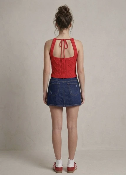 Kadın Triko Örme Halter Yaka Crop Bluz - Kırmızı - Resim 3
