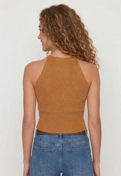 Kadın Fitilli Halter Yaka Crop Bluz - Camel - Resim 5