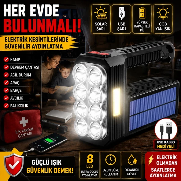 8'li Ultra Güçlü LED Yan Işık Güneş Enerjili Kamp Lambası USB Solar Kamp Balıkçılık Acil Durum Fener ürün görseli 1