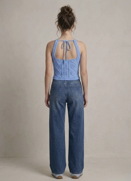 Kadın Triko Örme Halter Yaka Crop Bluz - Mavi - Resim 3