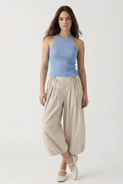 Kadın Fitilli Halter Yaka Crop Bluz - Mavi - Resim 2