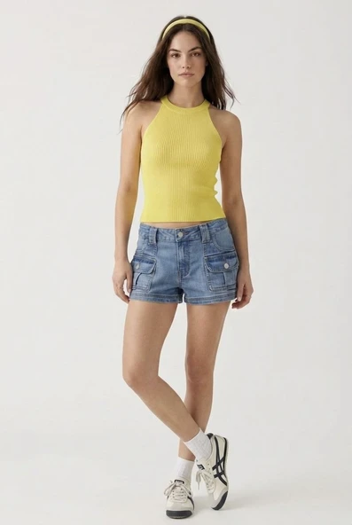 Kadın Fitilli Halter Yaka Crop Bluz - Sarı - Resim 2