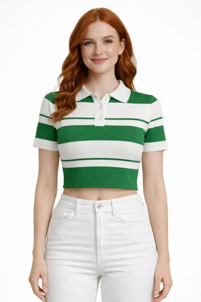 Çizgili Polo Yaka Düğmeli Triko Crop Bluz - Yeşil ürün görseli 1
