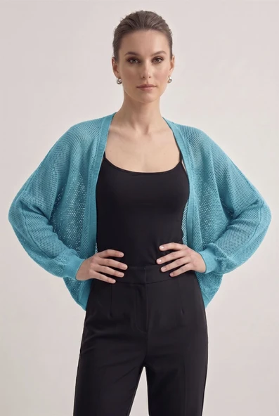 Premium Ajurlu İnce Triko Bolero Hırka - Turkuaz ürün görseli 1