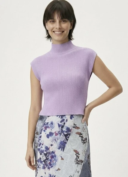 Kadın Yarım Balıkçı Yaka Fitilli Triko Kolsuz Crop Bluz - Mor ürün görseli 1