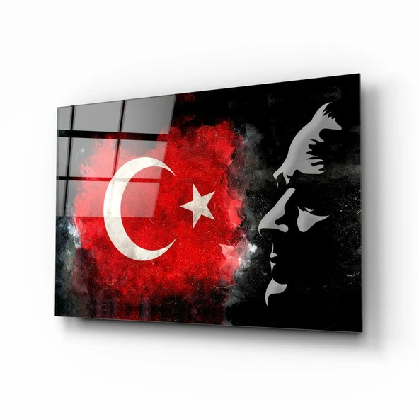 Türk Bayrağı Ve Atatürk Silüeti Cam Tablo ürün görseli 1