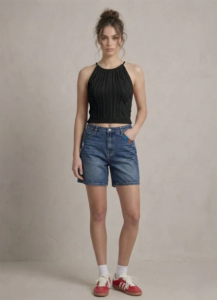 Kadın Triko Örme Halter Yaka Crop Bluz - Siyah - Resim 2