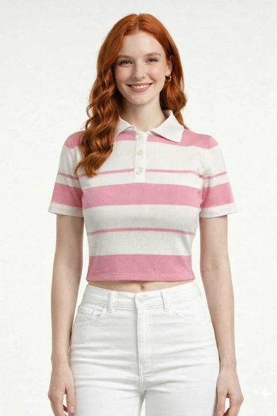 Çizgili Polo Yaka Düğmeli Triko Crop Bluz - Pembe ürün görseli 1