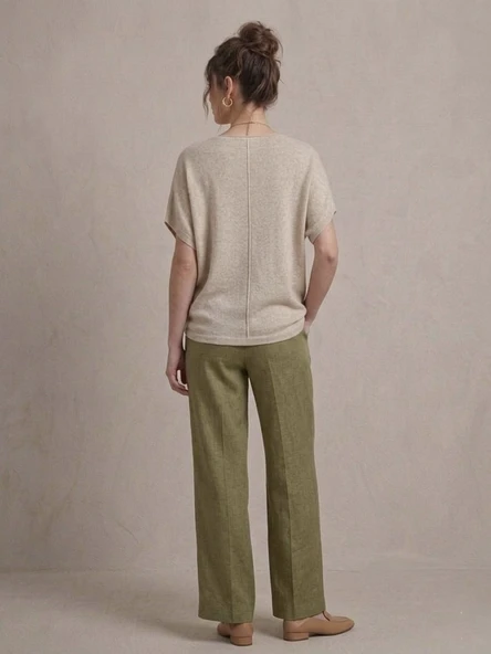 Kadın Basic Relaxed Keten Bluz - Bej - Resim 3