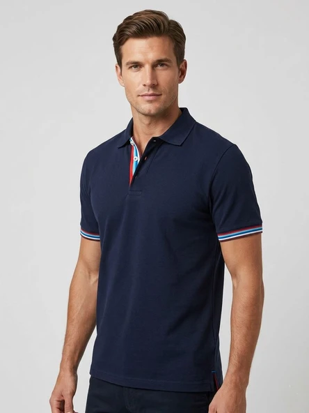 Erkek Polo Yaka Kontrast Şerit Detaylı Slim Fit T-Shirt - Lacivert ürün görseli 1