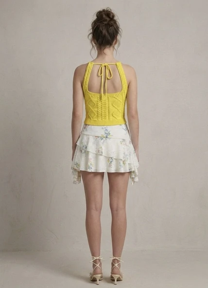 Kadın Triko Örme Halter Yaka Crop Bluz - Sarı - Resim 3