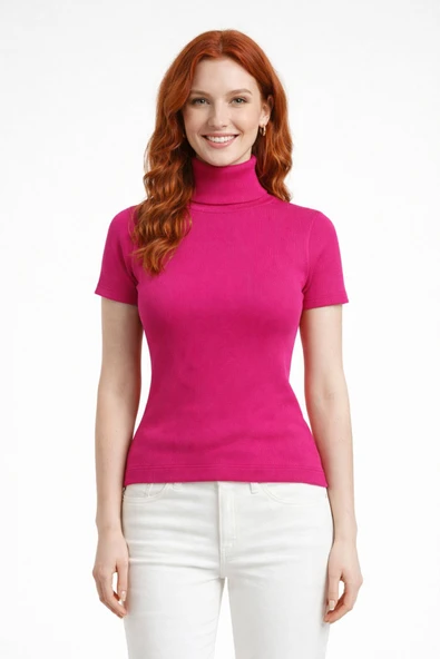 Boğazlı Yarasa Kollu Fitilli Crop Bluz - Fuşya ürün görseli 1