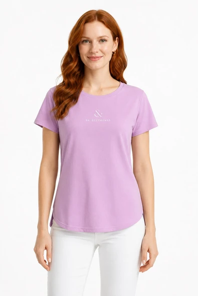Kadın Basic & Baskılı Yuvarlak Yaka T-Shirt - Pembe ürün görseli 1