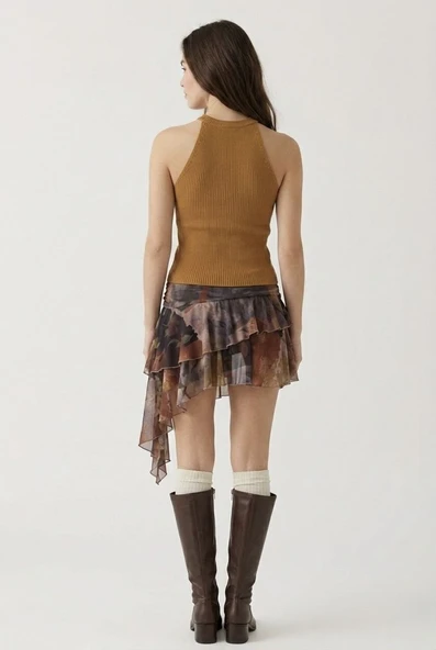 Kadın Fitilli Halter Yaka Crop Bluz - Camel - Resim 3
